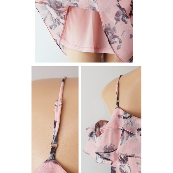 Pink Floral Ruffle Cold Shoulder Chiffon Dress - Picture 5 of 8